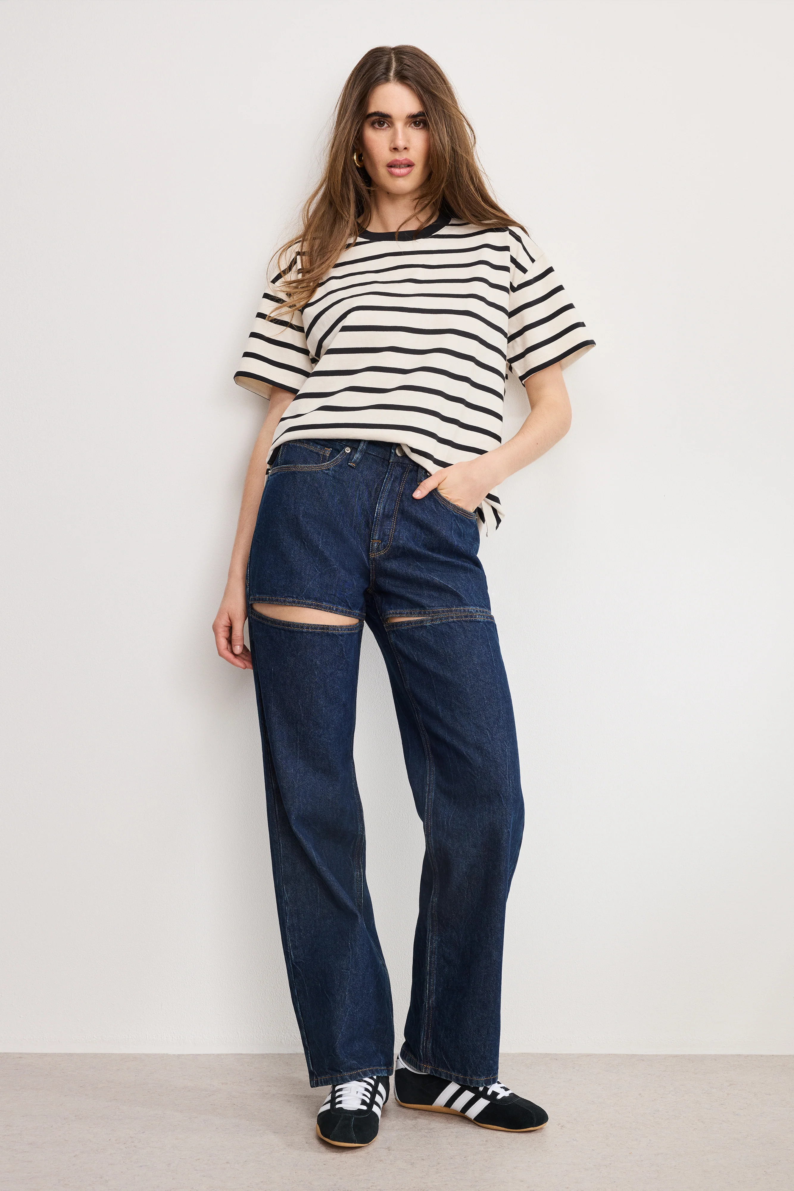 COTTON OVERSIZED TEE | BLACK AND ECRU WIDE STRIPE - Image 2