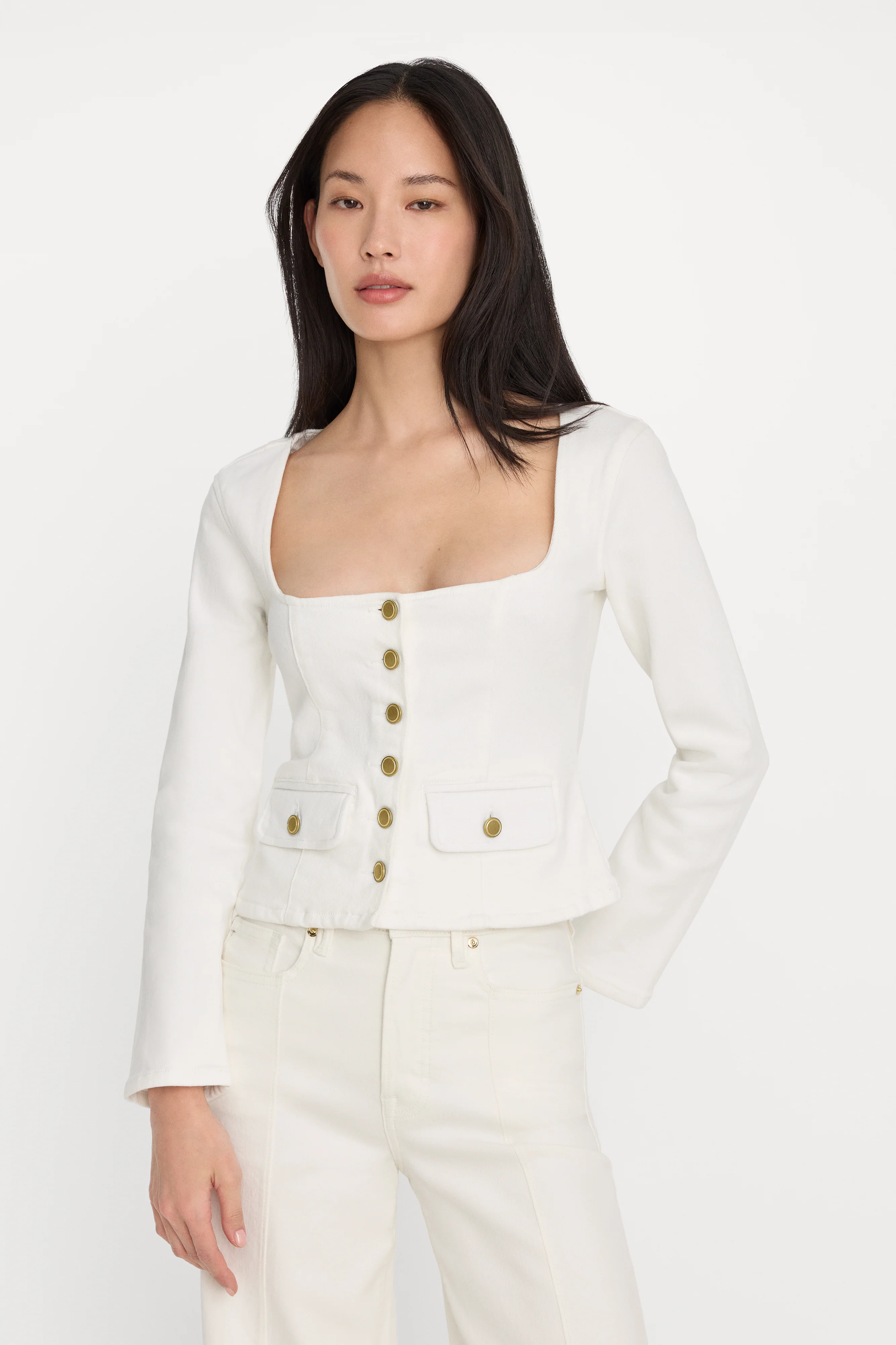 DENIM FITTED BUTTON FRONT JACKET | COTTON WHITE - Image 3