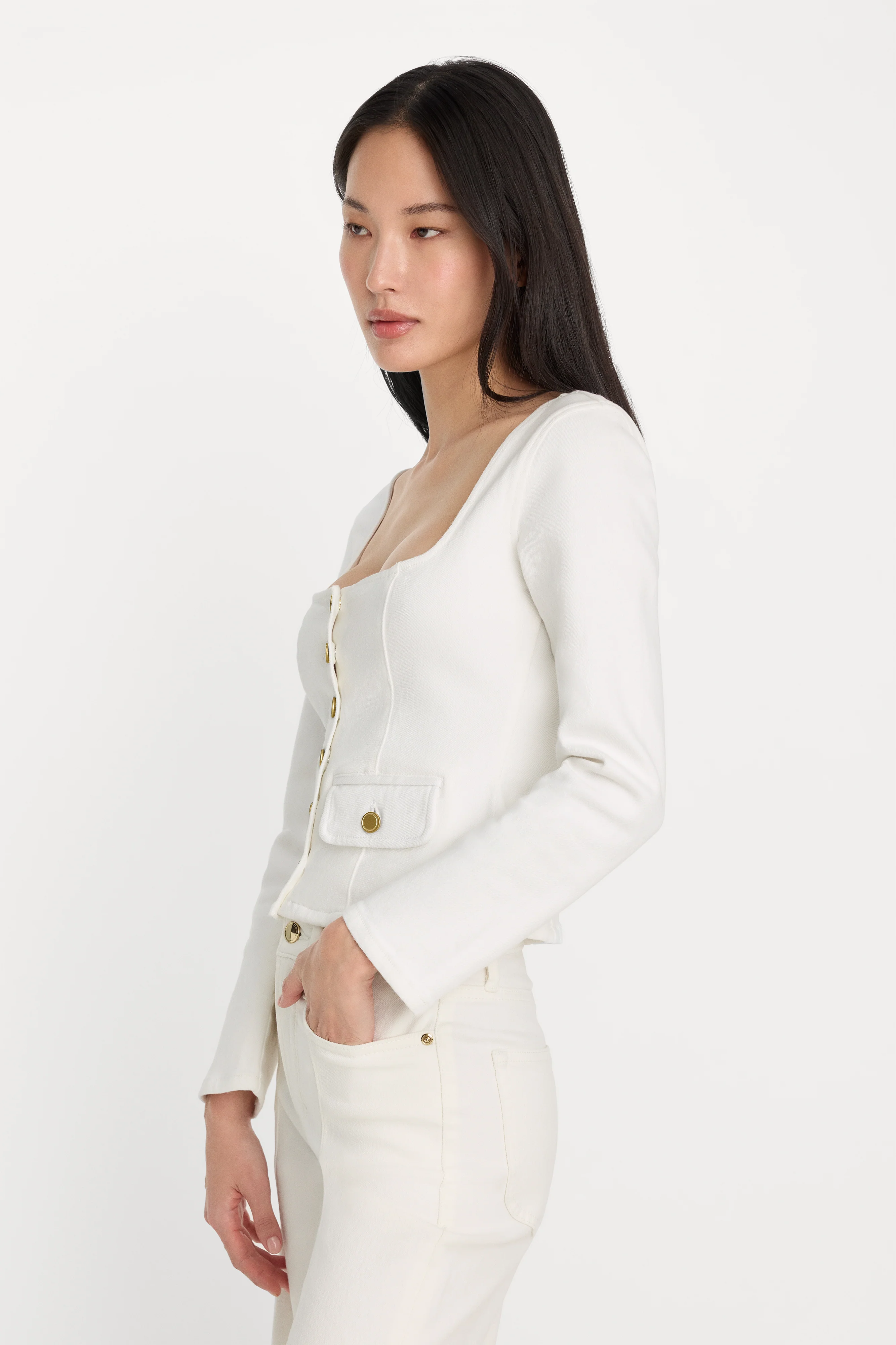 DENIM FITTED BUTTON FRONT JACKET | COTTON WHITE - Image 5