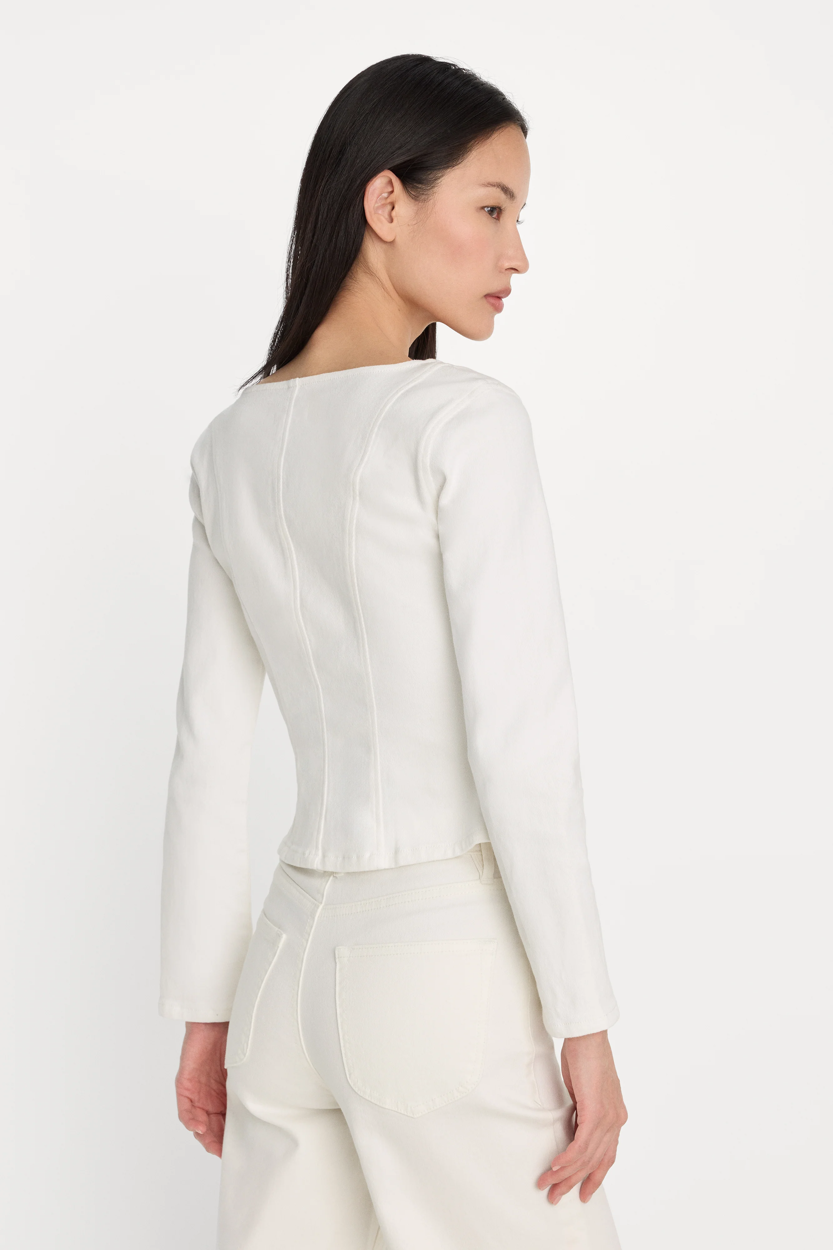 DENIM FITTED BUTTON FRONT JACKET | COTTON WHITE - Image 7