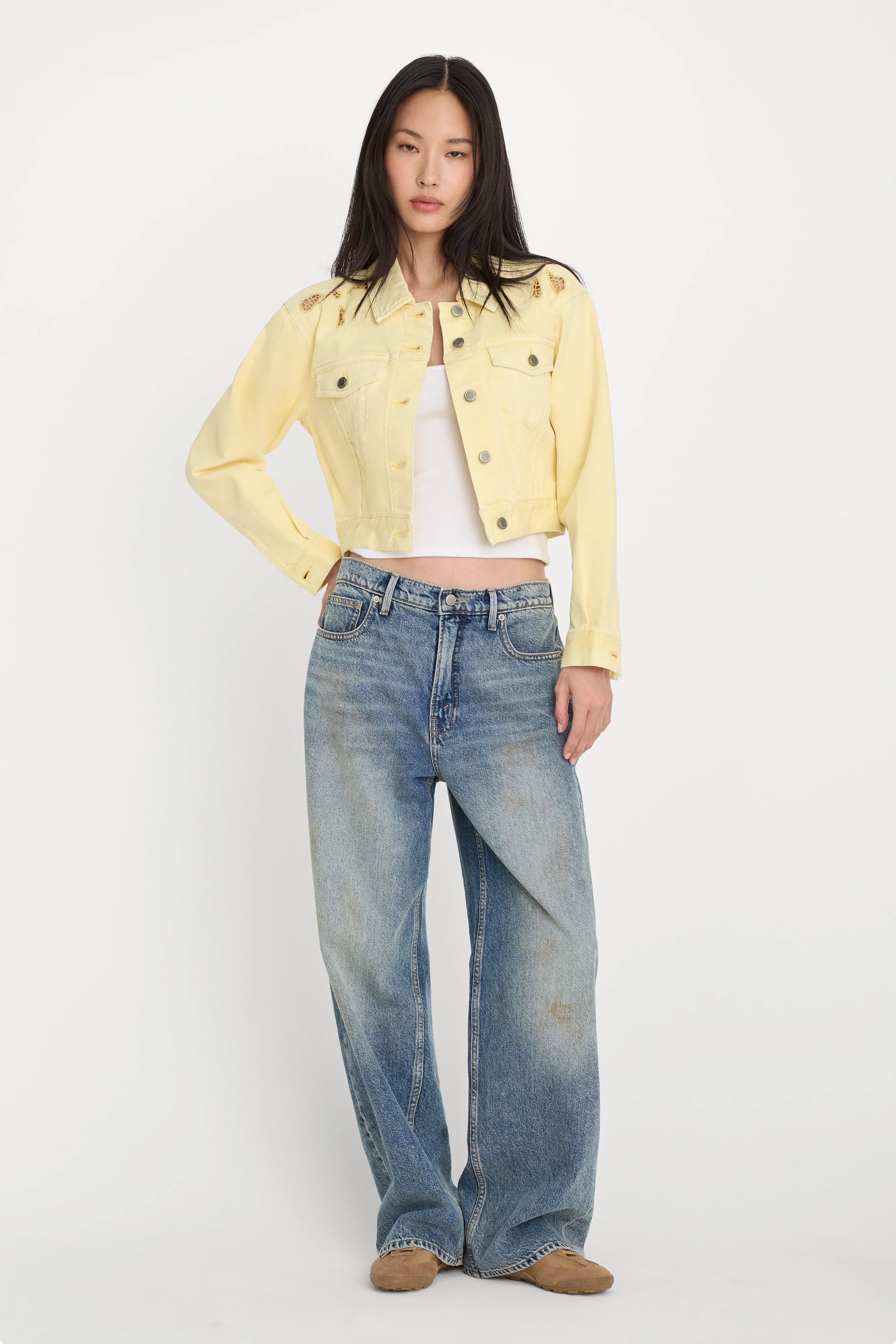 ESSENTIAL CROP DENIM JACKET EMBROIDERED | ANISE YELLOW