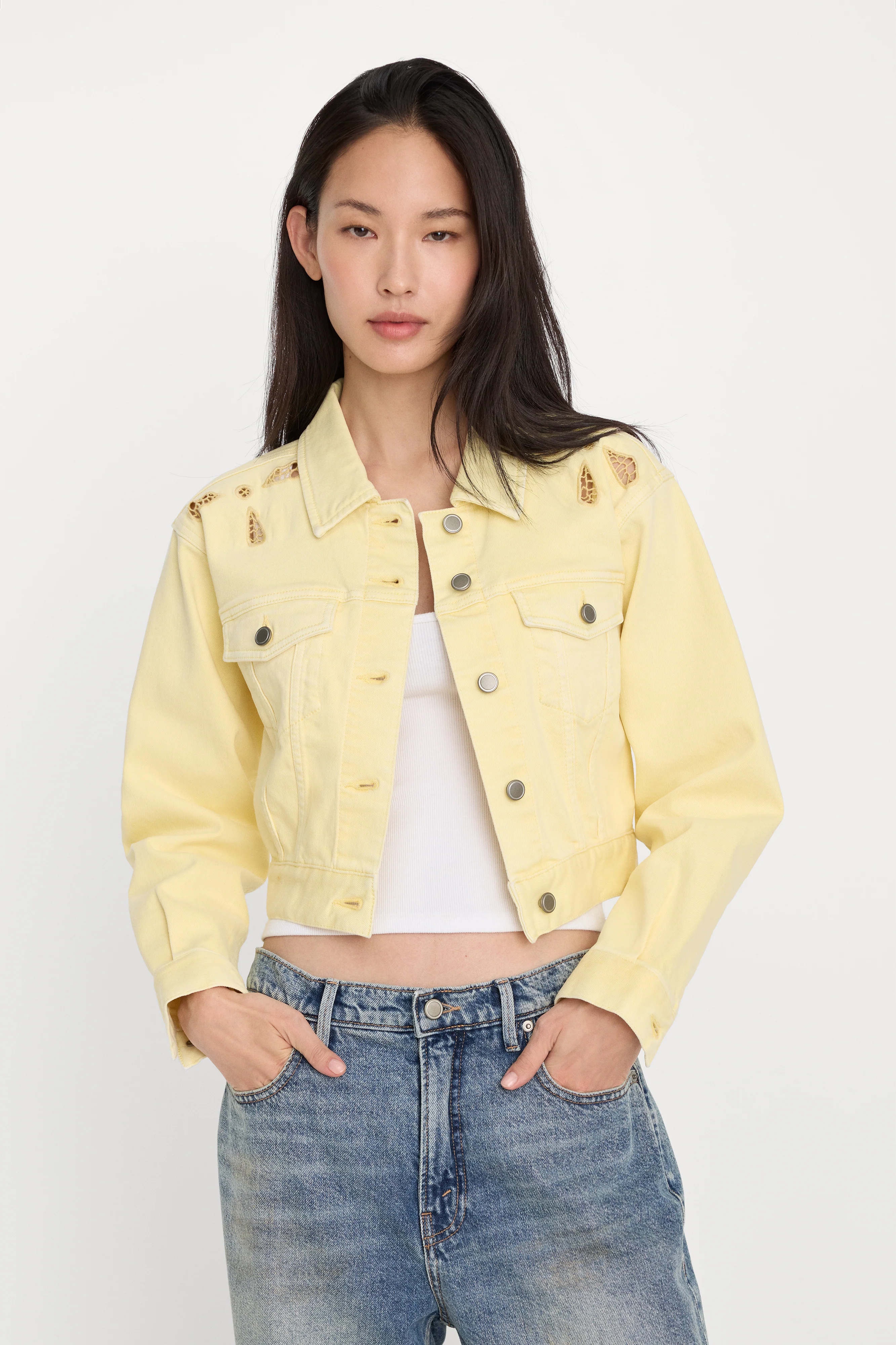 ESSENTIAL CROP DENIM JACKET EMBROIDERED | ANISE YELLOW - Image 2
