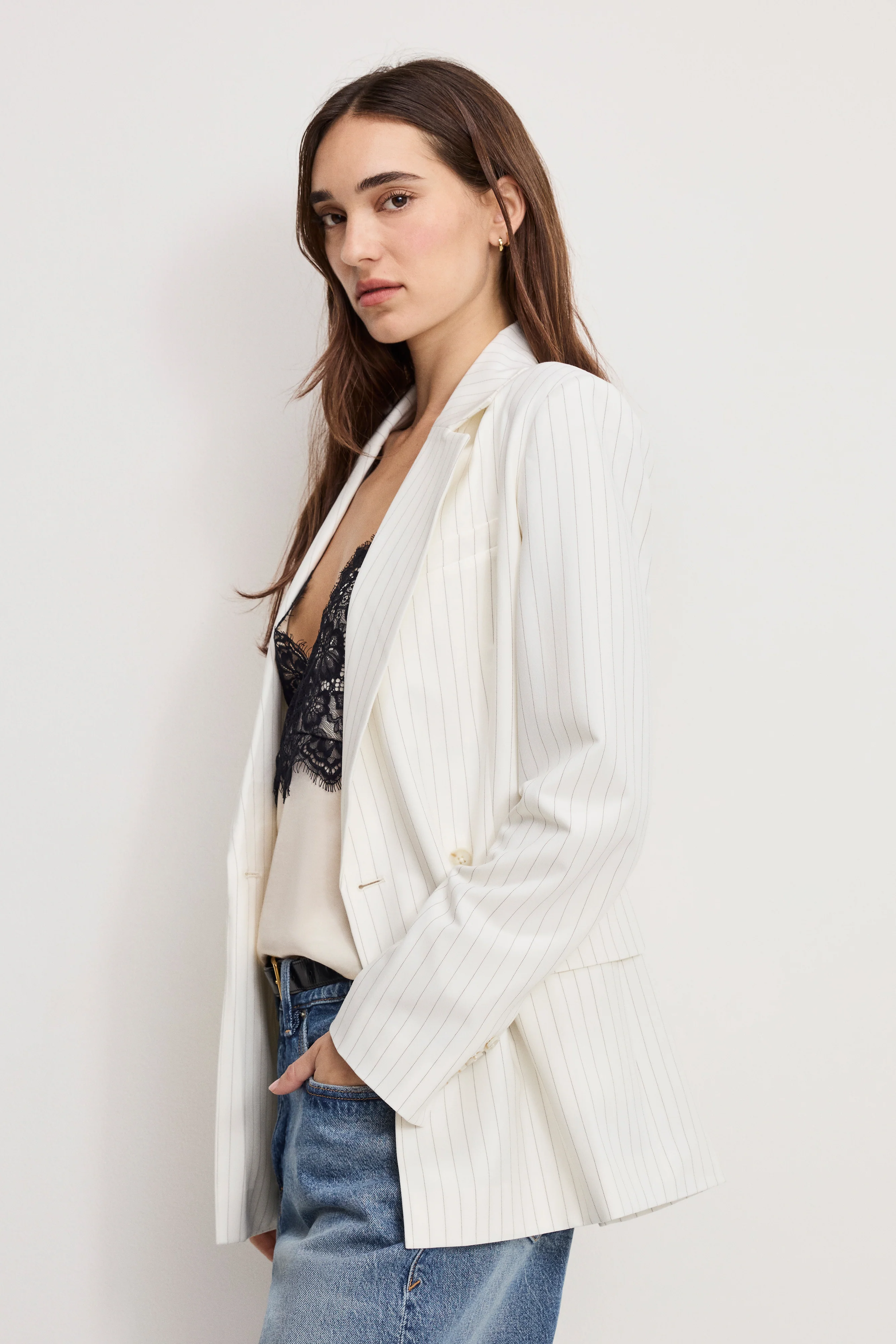 ESSENTIAL SUITING BELTED BLAZER | CHESTNUT PIN STRIPE - Image 2