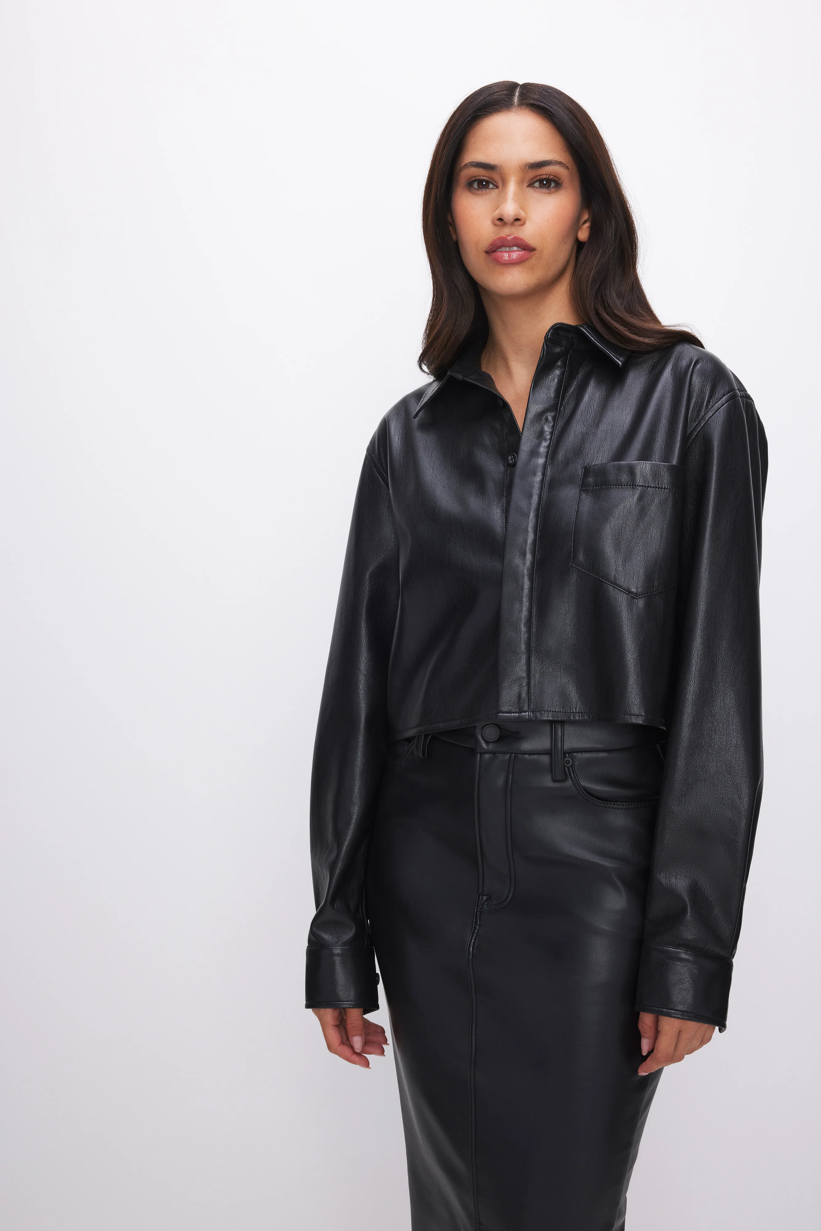 FAUX LEATHER CROPPED SHIRT | BLACK001 - Image 3