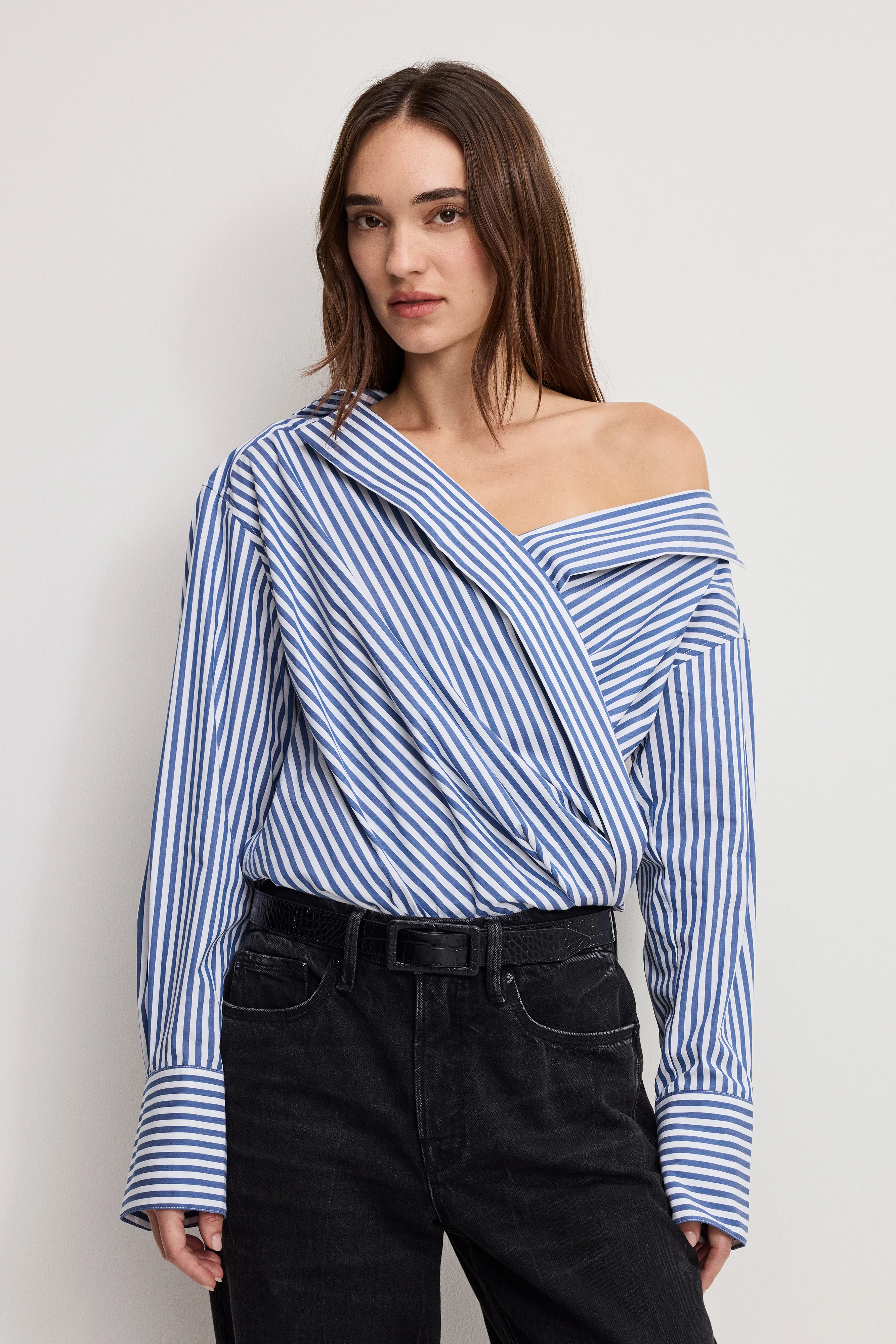 OFF-SHOULDER POPLIN BODYSUIT | INDIGO STRIPE - Image 2