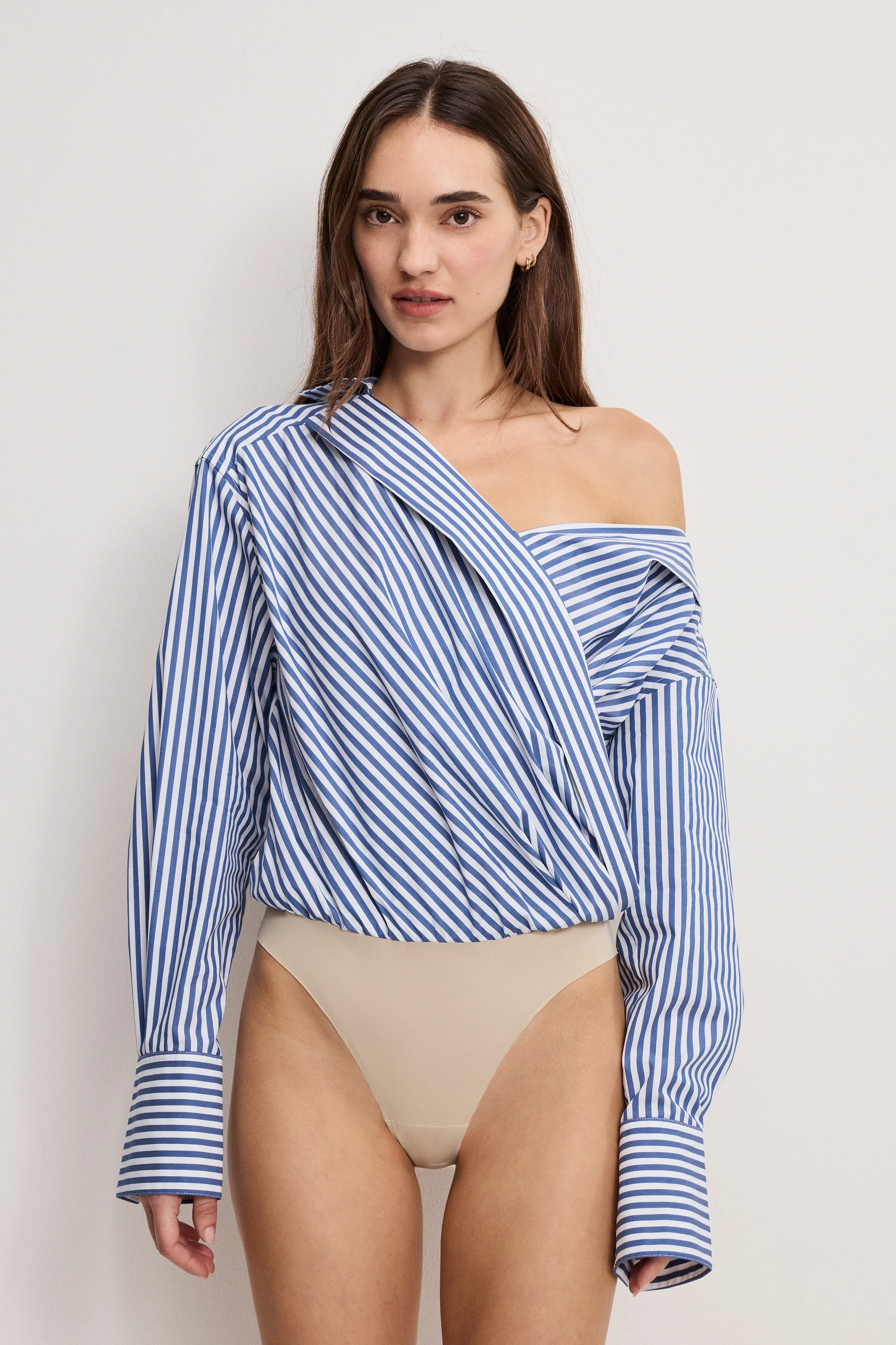 OFF-SHOULDER POPLIN BODYSUIT | INDIGO STRIPE - Image 3