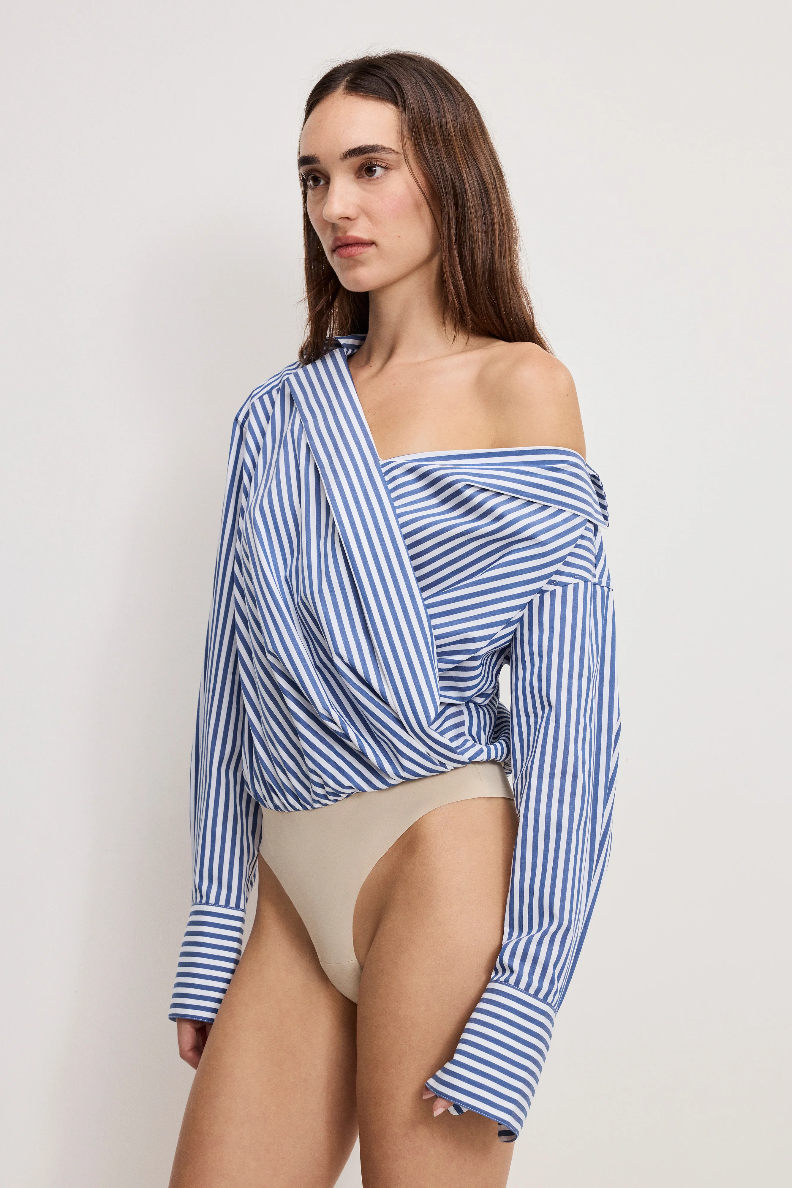 OFF-SHOULDER POPLIN BODYSUIT | INDIGO STRIPE - Image 4