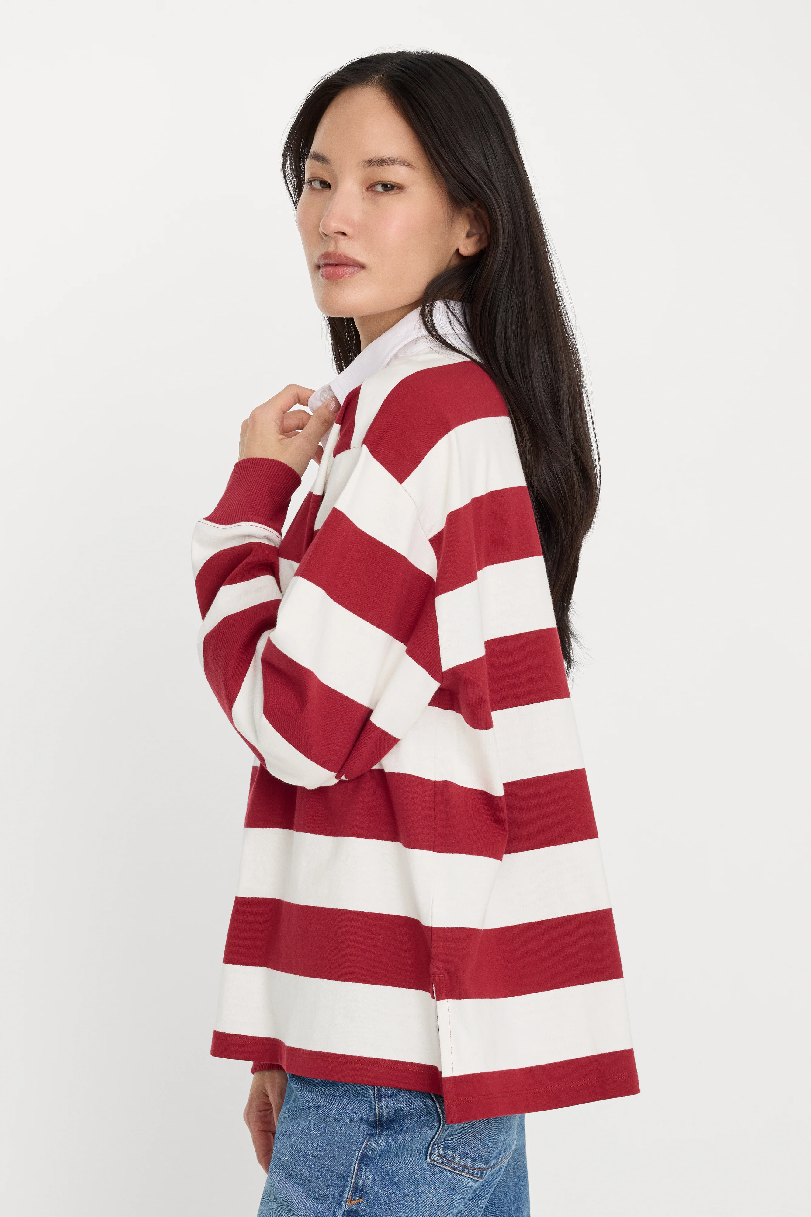 OVERSIZED RUGBY TEE | MERLOT AND CHALK RUGBY STRIPE - Image 2