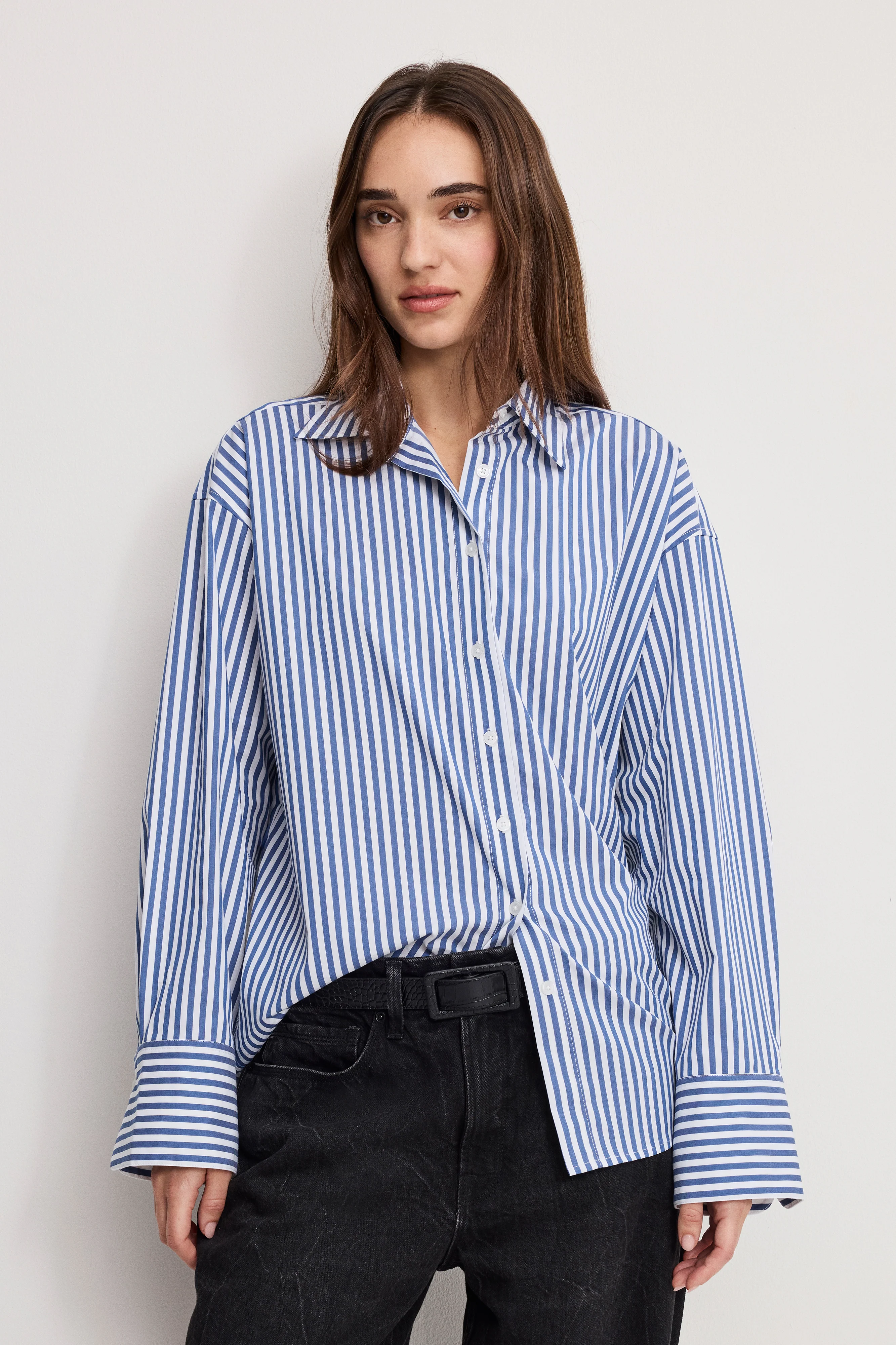 POPLIN OVERSIZED SHIRT W BUTTON ADJUSTABLE WAIST | INDIGO STRIPE - Image 2