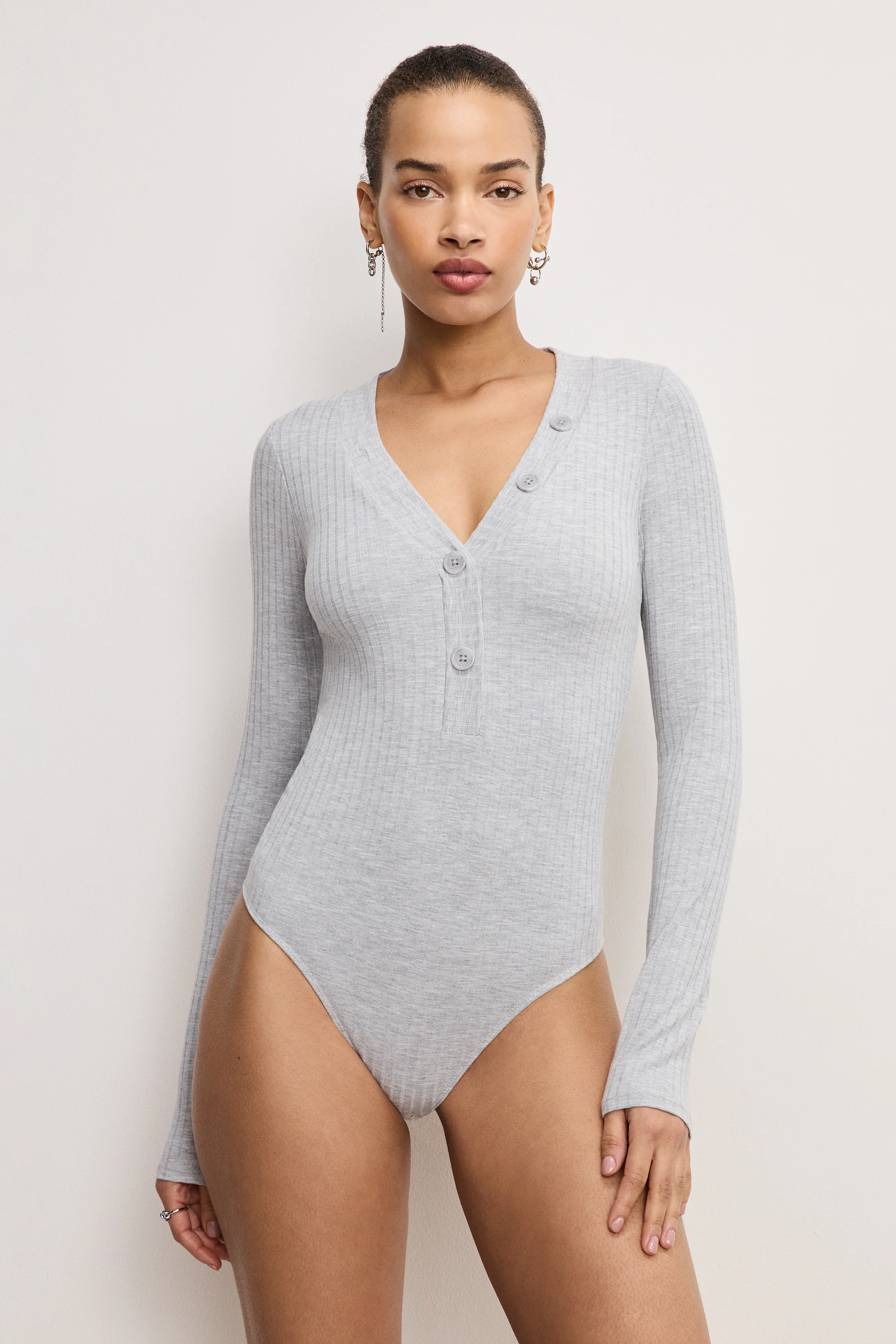 RIBBED HENLEY BODYSUIT | HEATHER GREY001 - Image 4