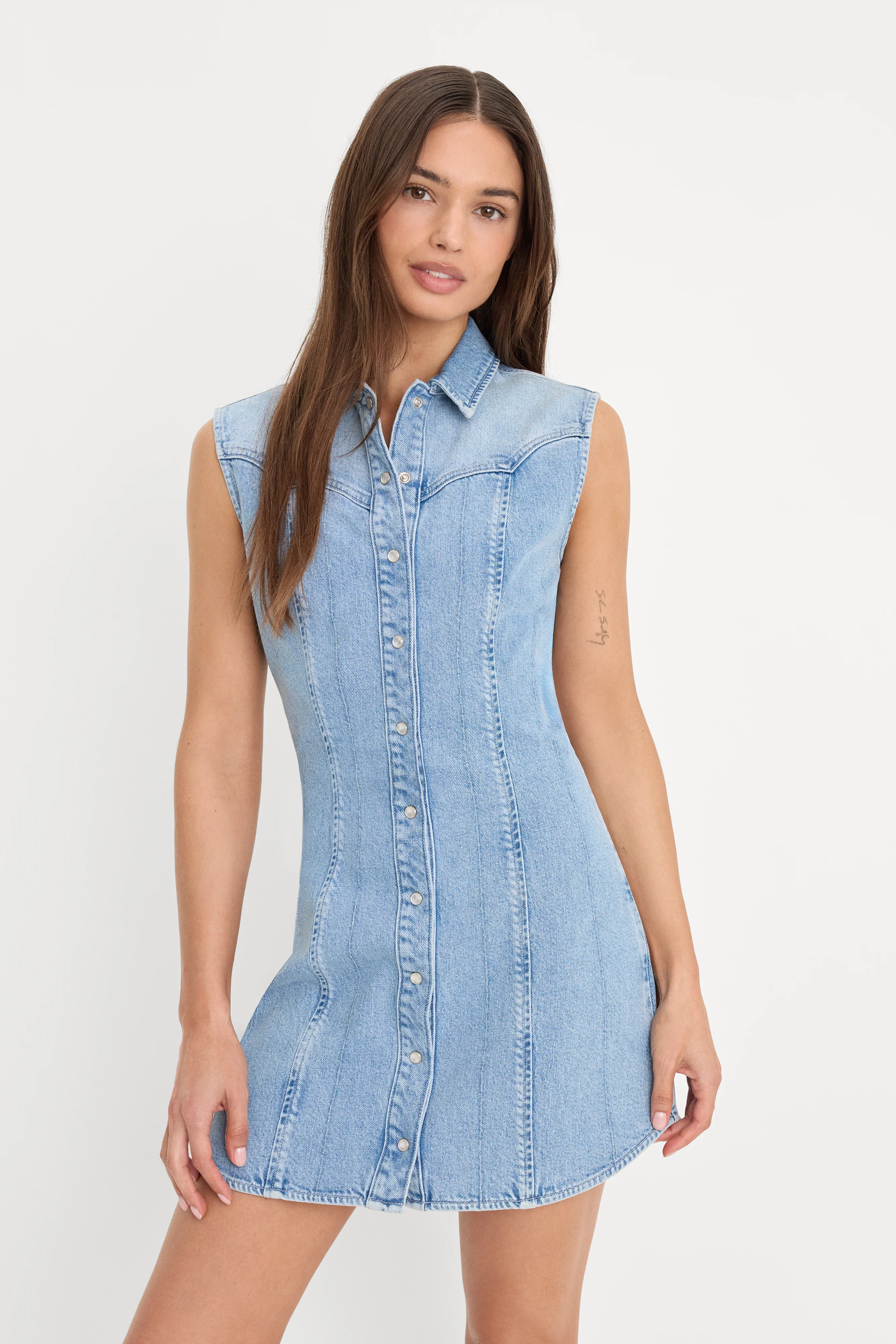 DOLLY SLEEVELESS DENIM MINI DRESS | LIGHT BLUE