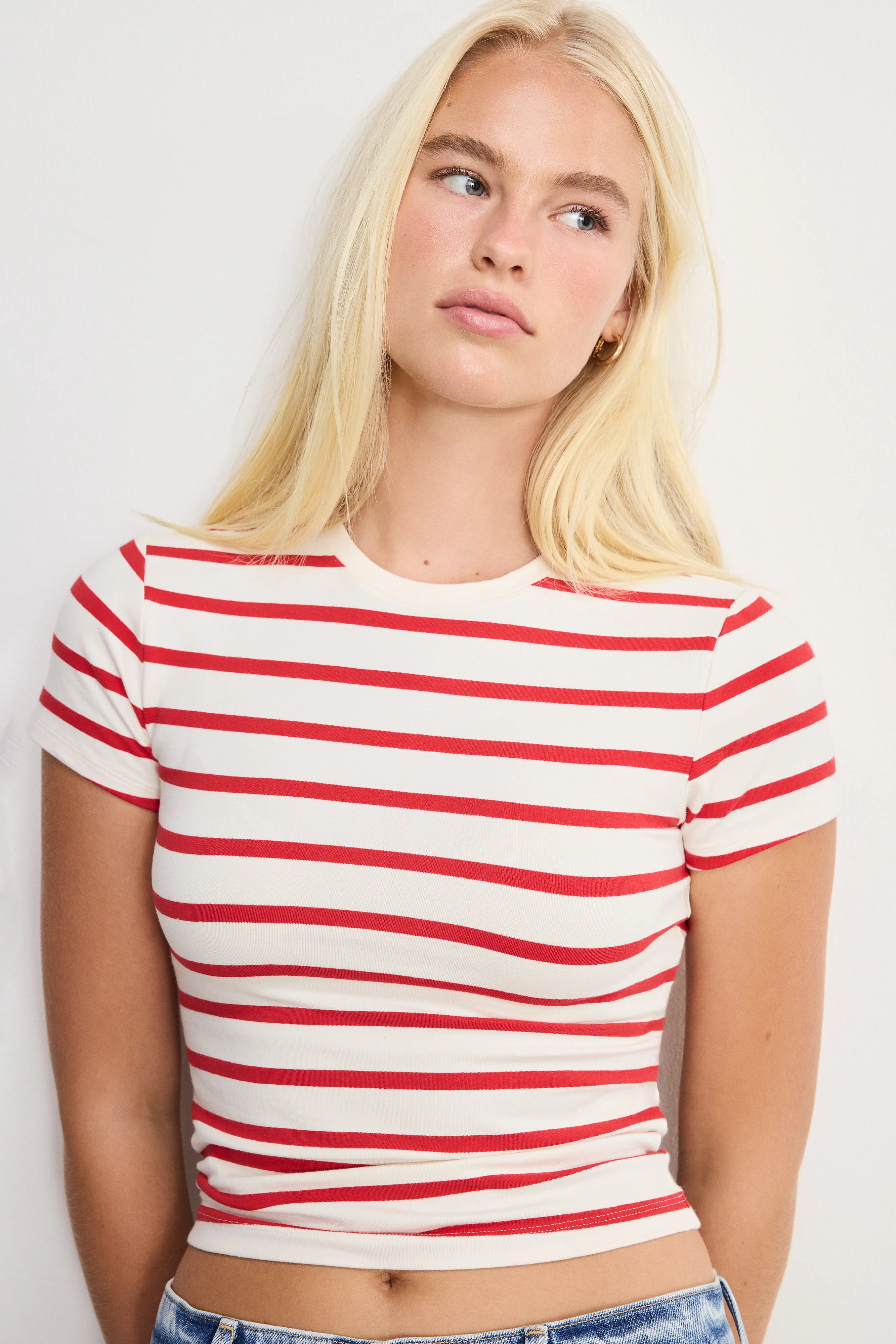 SUPER STRETCH BABY TEE | ECRU &amp; CHILI WIDE STRIPE - Image 2